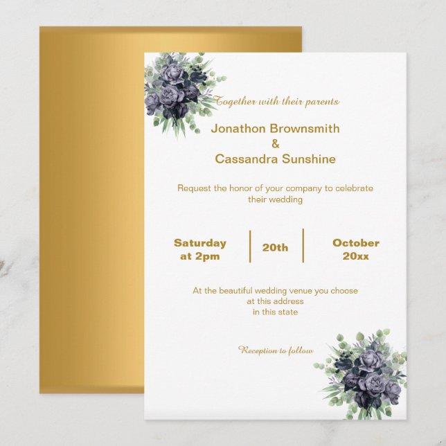 ELEGANT SIMPLE GOLD BLUE BLOSSOM WEDDING INVITATION (Front/Back)