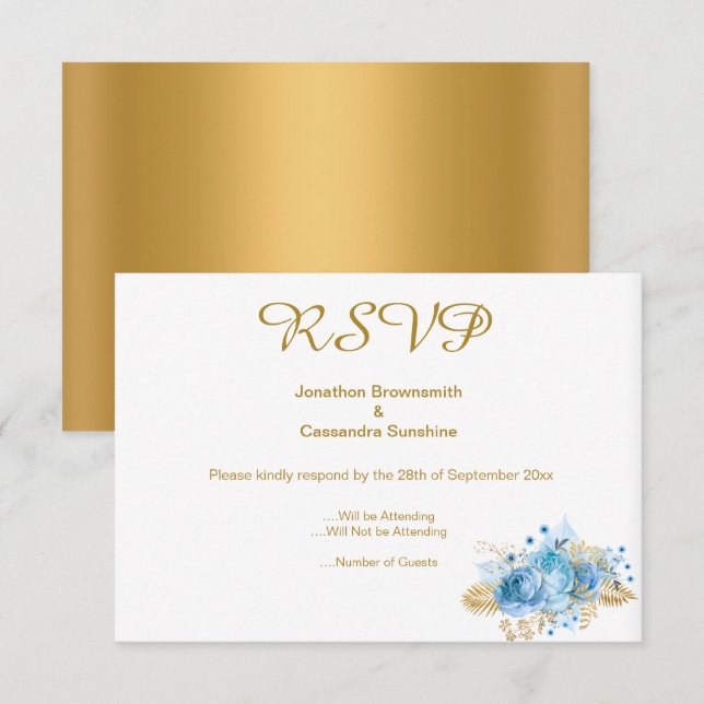 ELEGANT SIMPLE GOLD BLUE FLORAL GOLD RSVP INVITATION (Front/Back)