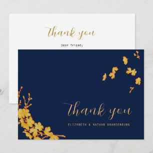 Elegant Simple Gold Flowers Navy Blue  Thank You Card