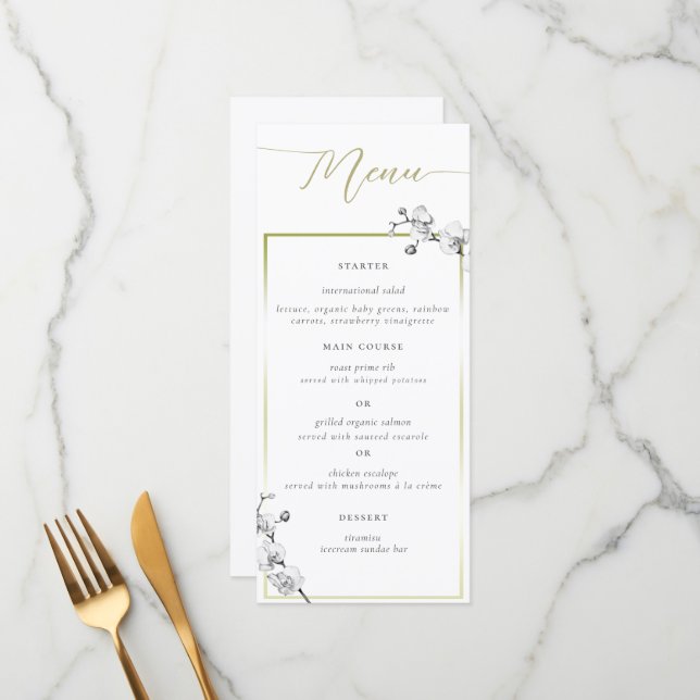 Elegant Simple Gold Frame BW Orchids Bridal Shower Menu (Front/Back In Situ)