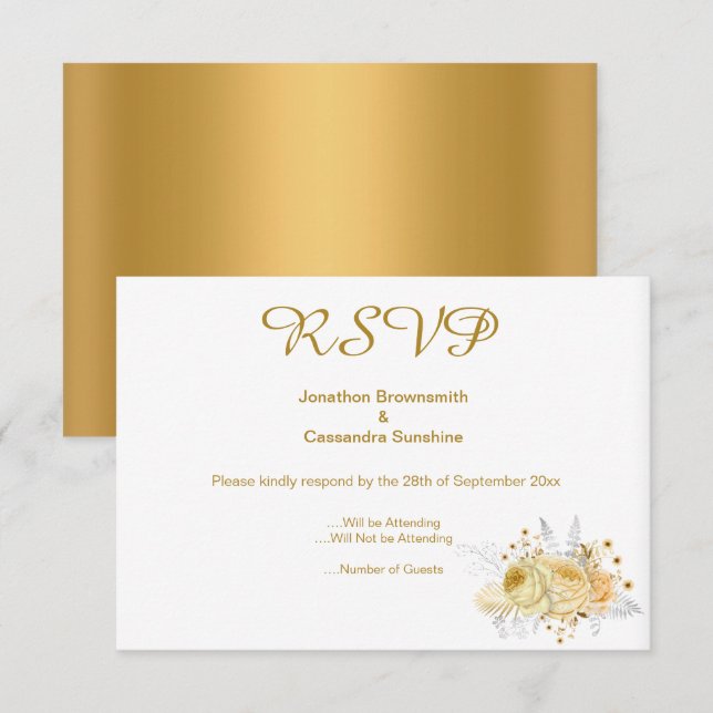 ELEGANT SIMPLE GOLD GOLD FLORAL GOLD RSVP INVITATION (Front/Back)