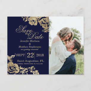 Elegant Simple Gold Navy Blue Floral Save the Date Announcement Postcard