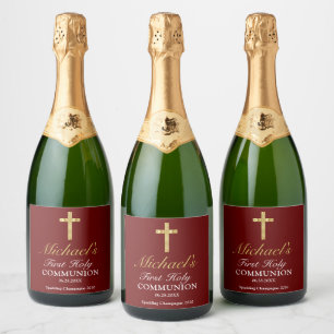 Elegant Simple Gold Red Cross First Communion  Sparkling Wine Label