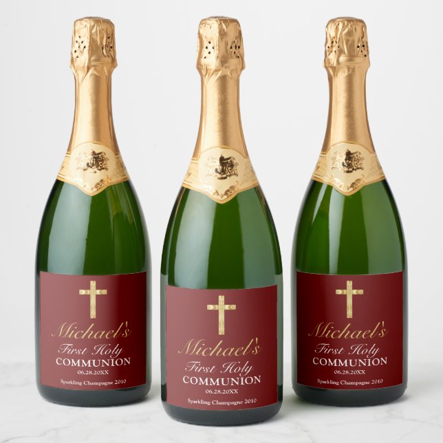Elegant Simple Gold Red Cross First Communion  Sparkling Wine Label (Bottles)