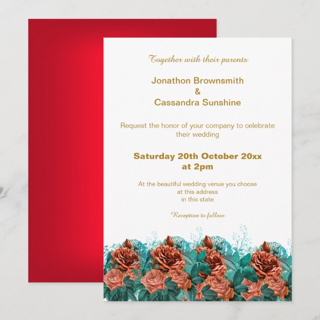 ELEGANT SIMPLE GOLD RED FLORAL SIMPLE WEDDING INVITATION (Front/Back)
