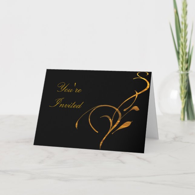 Elegant Simple Gold Scroll Black Invitation (Front)