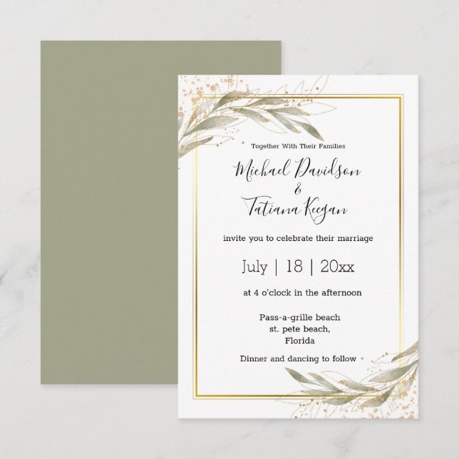 elegant simple green leaves gold budget wedding invitation (Front/Back)