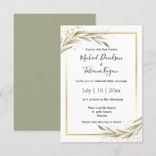 elegant simple green leaves gold budget wedding invitation
