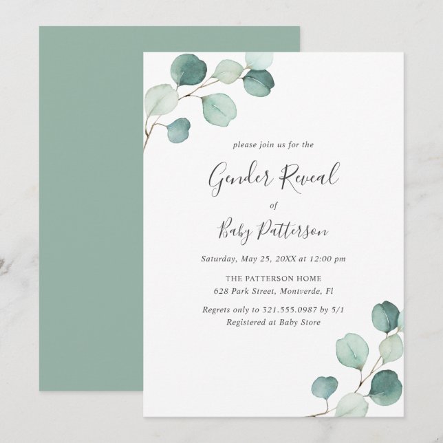 Elegant Simple Greenery Eucalyptus Gender Reveal Invitation (Front/Back)