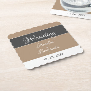 Elegant Simple Grey Beige Script Wedding  Paper Coaster