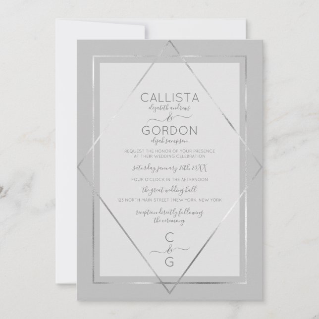 Elegant Simple Grey Silver Geo Border Wedding Invitation (Front)
