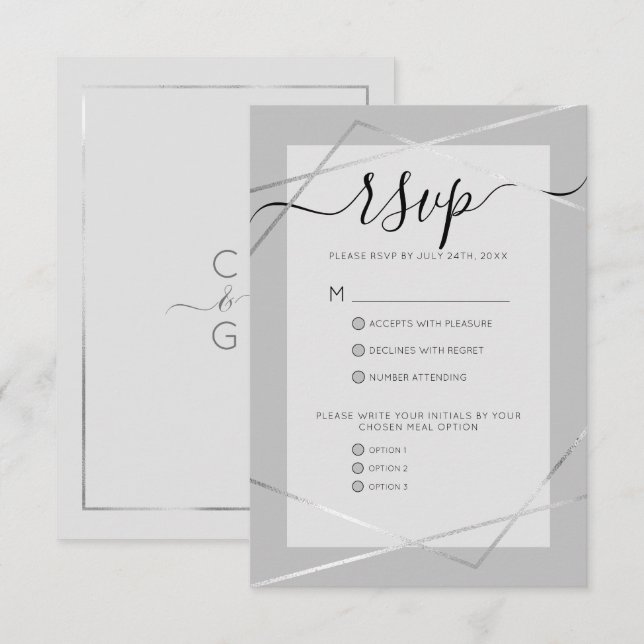 Elegant Simple Grey Silver Geo Border Wedding RSVP Card (Front/Back)