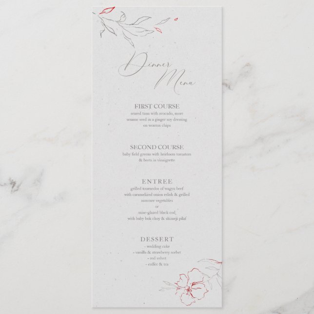 Elégant simple gris & fleurs rouges Menu du dîner (Devant)