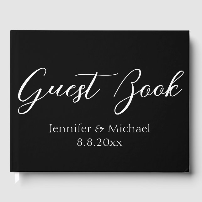 elegant simple handwriting black white wedding  guest book (Front)