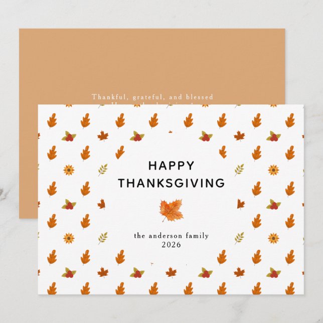 Elegant Simple Happy Thanksgiving Autumn Leaves Holiday Card (Front/Back)