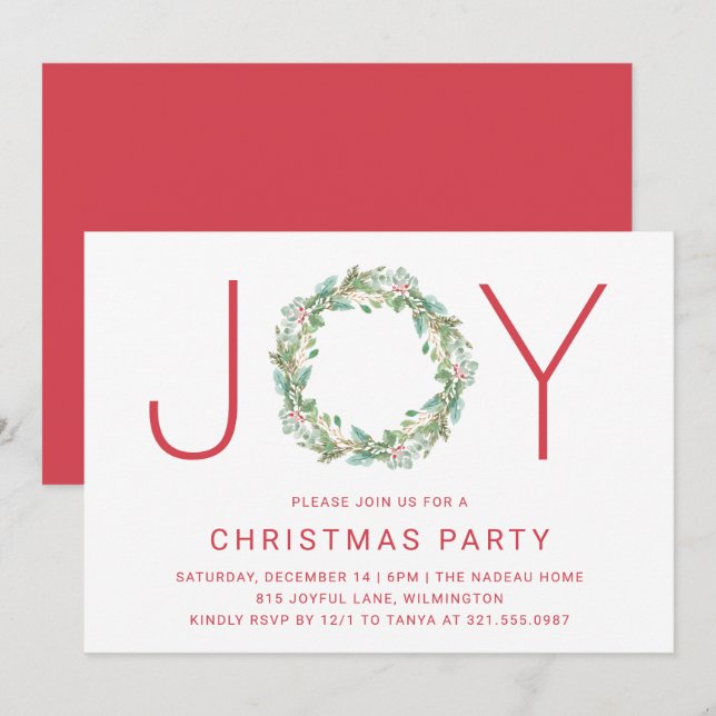 Elegant Simple Joy Wreath Christmas Party Invitation (Front/Back)