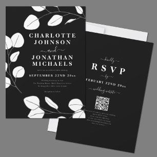 Elegant Simple Leaf Black and White Wedding Invitation