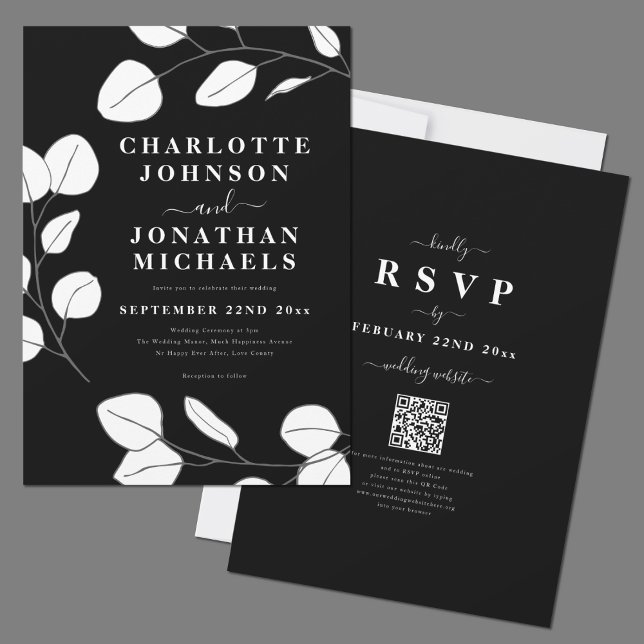 Elegant Simple Leaf Black and White Wedding Invitation (Modern elegant minimalist leaf black and white wedding invitation with RSVP online website QR Code)