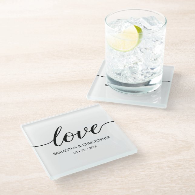 Elegant Simple Love Script Wedding custom Favor  Glass Coaster (Angled)