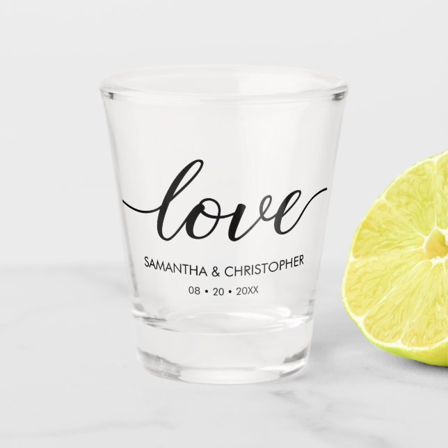 Elegant Simple Love Script Wedding custom Favor Shot Glass (Front)
