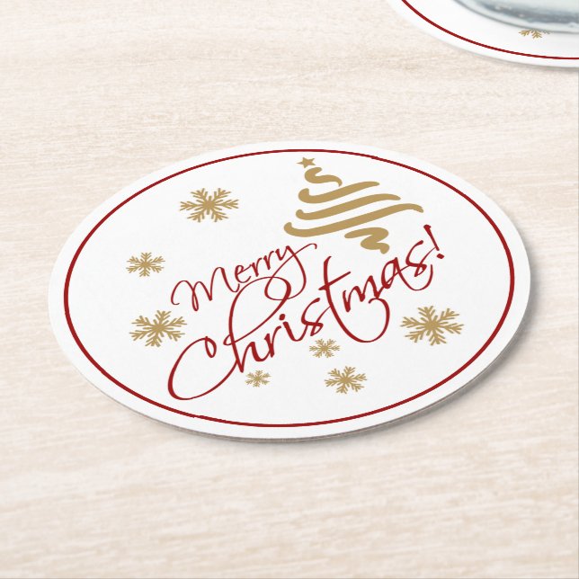 Elegant Simple Merry Christmas Wish Wordart Round Paper Coaster (Angled)