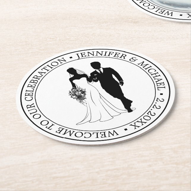 elegant simple minimal typography wedding couple  round paper coaster (Angled)