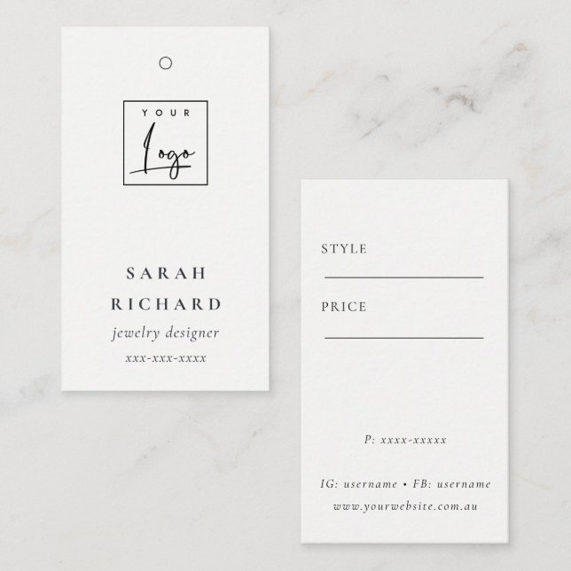 Elegant Simple Minimal White Logo Price Tag (Front/Back)