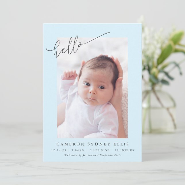 Elegant Simple Minimalist Hello Blue Photo Birth Announcement (Standing Front)