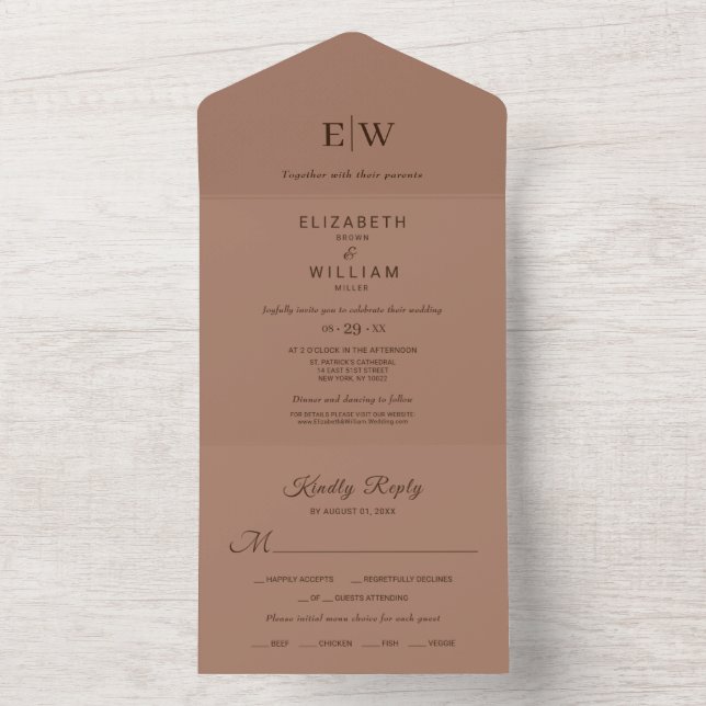 Elegant Simple Mocha Mousse with Monogram Wedding All In One Invitation (Inside)