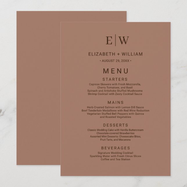 Elegant Simple Mocha Mousse with Monogram Wedding Menu (Front/Back)