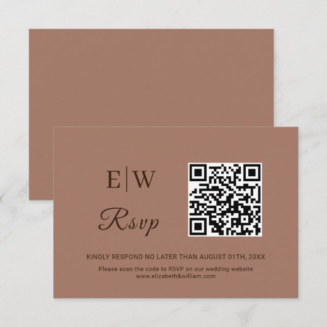 Elegant Simple Mocha Mousse with Monogram Wedding RSVP Card (Front/Back)
