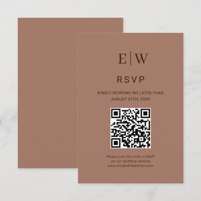 Elegant Simple Mocha Mousse with Monogram Wedding RSVP Card (Front/Back)