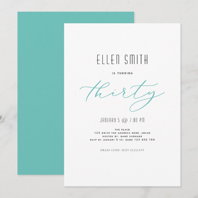 Elegant, Simple, Modern, 30th birthday Invitation (Front/Back)