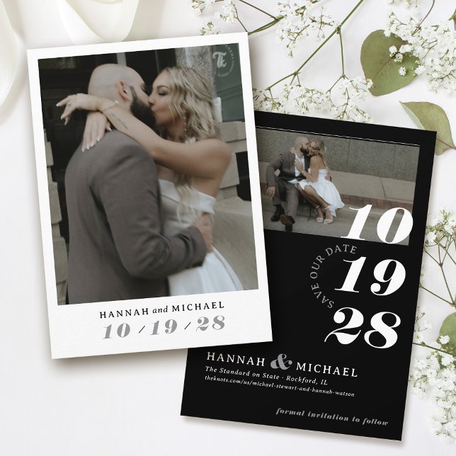 Elegant Simple Modern Black White 2 Photo Wedding Save The Date (Black and white simple elegant modern photo minimalist typography wedding invitation save the date)