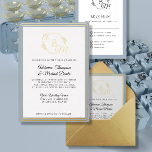 Elegant Simple Modern Dusty Blue Gold Foil Wedding