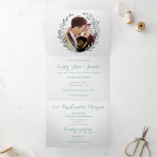 Elegant Simple Modern Green Floral Wreath Wedding Tri-Fold Invitation