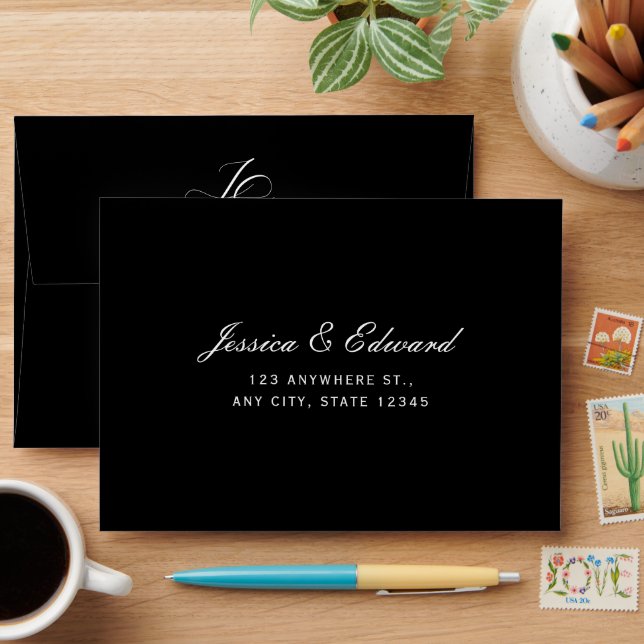 Elegant Simple Modern Minimal Script Black White Envelope (Desk)
