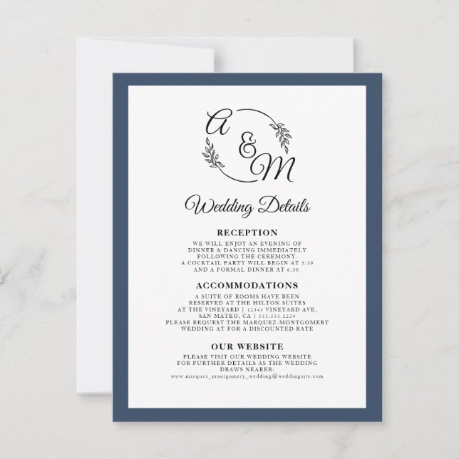 Elegant Simple Modern Navy Blue Wedding Details Invitation (Front)
