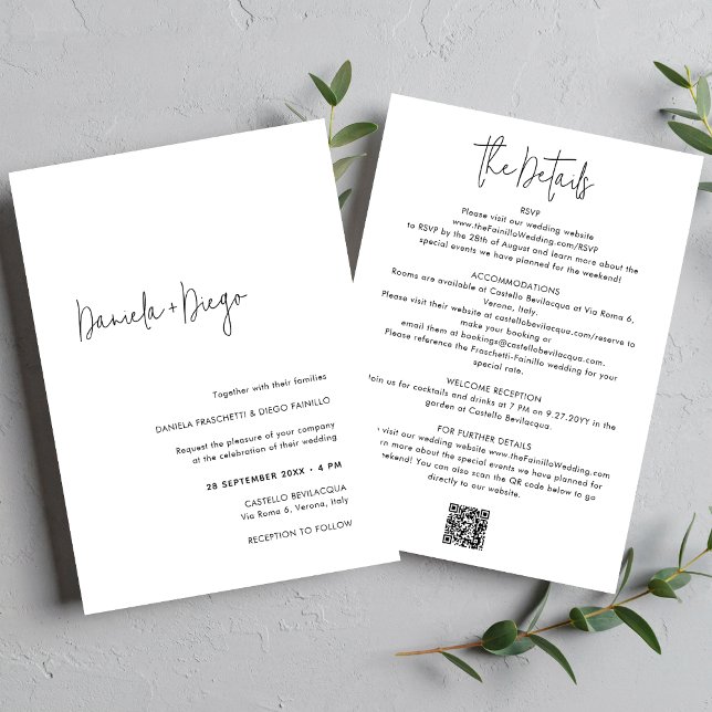 Elegant Simple Modern QR Code RSVP Wedding Invitation (Simple, minimalist wedding invitation with QR code and RSVP on back.)
