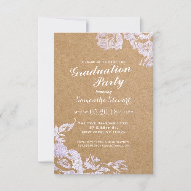 Elegant Simple Modern Rose Floral Faux Silver Invitation (Front)