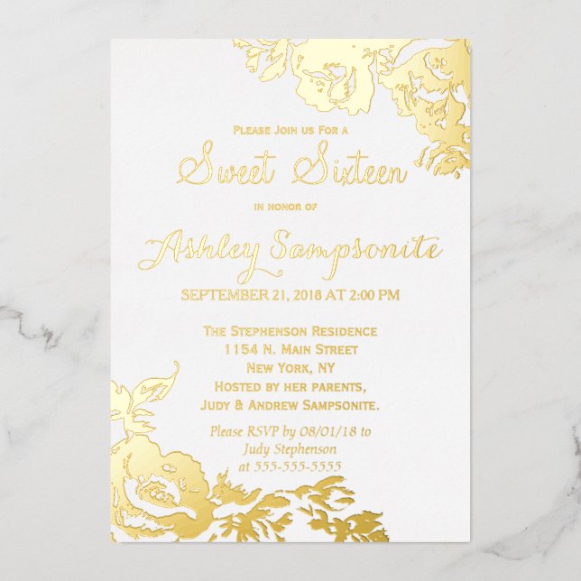 Elegant Simple Modern Rose Floral Gold Sweet 16 (Front)