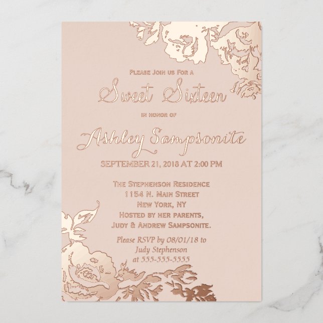 Elegant Simple Modern Rose Floral Gold Sweet 16 (Front)