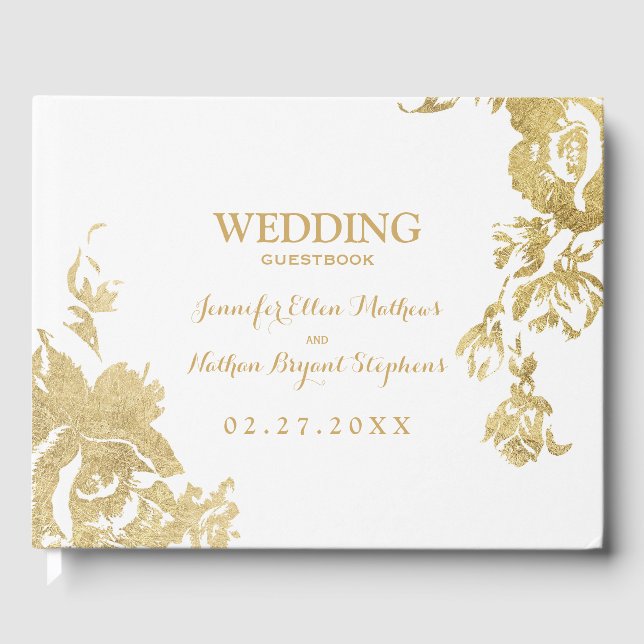 Elegant Simple Modern Rose Floral Gold Wedding Guest Book (Front)