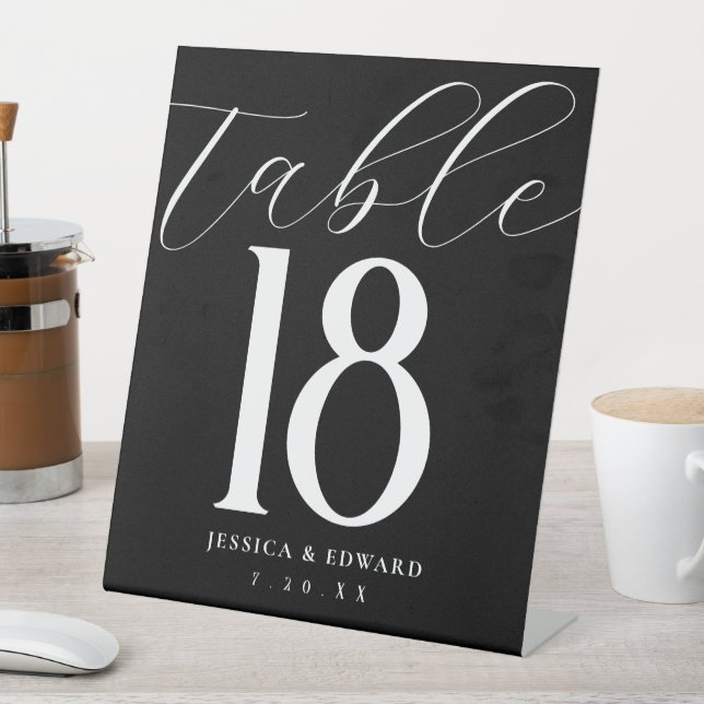 Elegant Simple Modern Table Number Black White Pedestal Sign (In SItu)