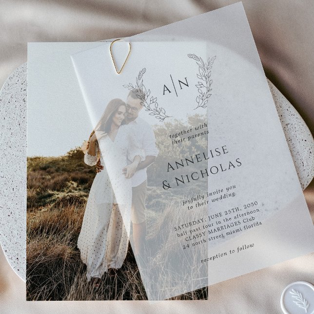 Elegant simple monogram overlay wedding vellum invitations (Creator Uploaded)