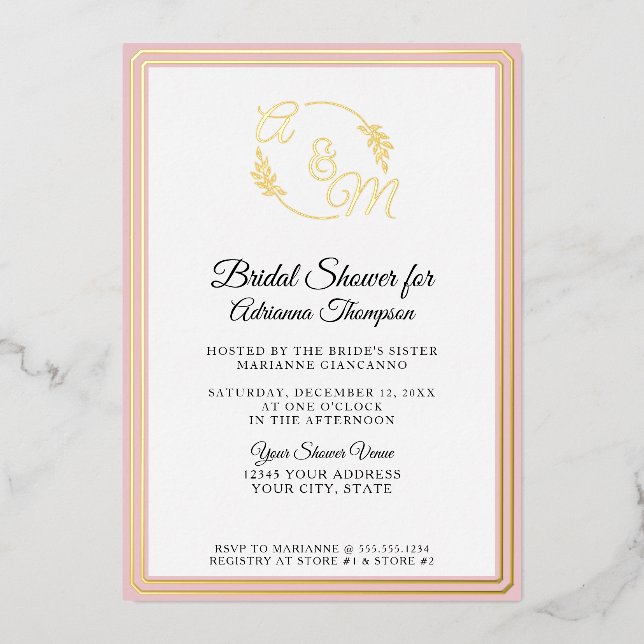 Elegant Simple Monogram Pink Gold Bridal Shower (Front)