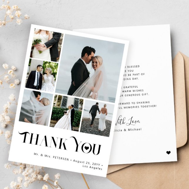 Elegant simple multi photo collage wedding thank you card (Creator Uploaded)