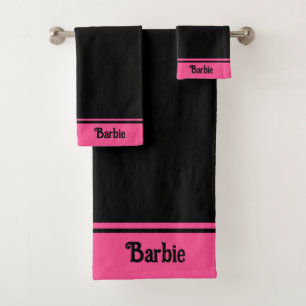 Elegant Simple Name Text on Black & Pink Bath Towel Set