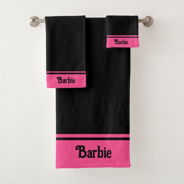 Elegant Simple Name Text on Black & Pink Bath Towel Set (Insitu)
