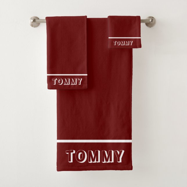 Elegant Simple Name Text on Maroon Bath Towel Set (Insitu)
